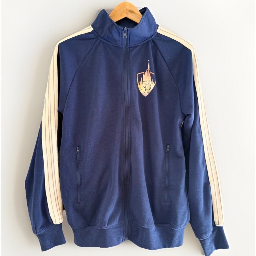 Disney World 50th Anniversary Track Jacket Blue Zip Up Striped Sleeves Size S